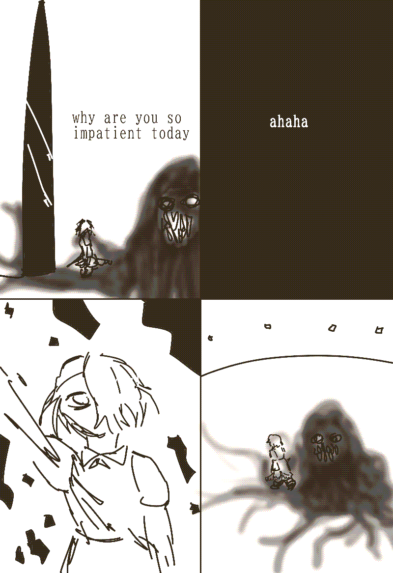 4 panels. the characters approach a large dark shiny vertical surface. they converse 'straight in th-', 'why are you so impatient today', 'ahaha', 'youll see'. they break through the surface and walk on