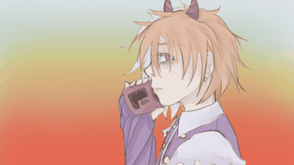 gif of mayo on a sunset gradient holding a tape recorder up to their mouth. they are seen from the shoulers up and from the direct side. their hair is moving in the wind