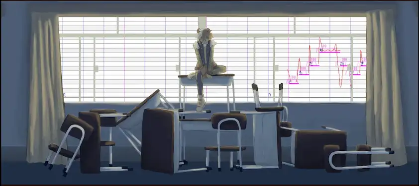 digital drawing of mayo sitting on a messy stack of school desks and chairs in front of a large window in a classroom. outside the window is the utau piano roll