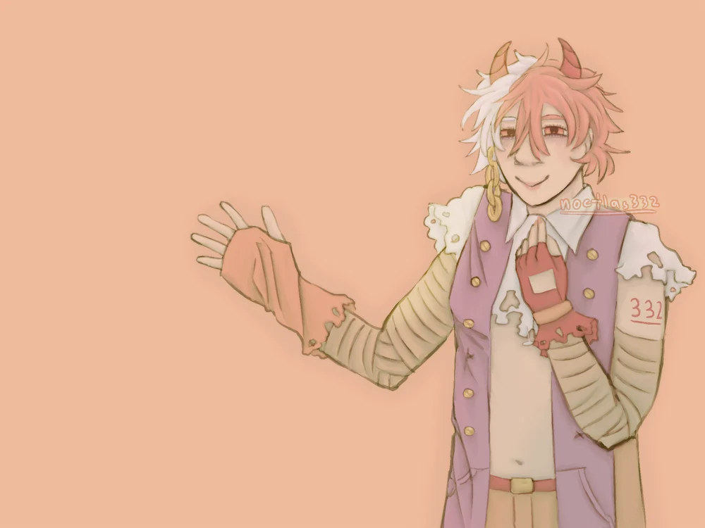 digital drawing of mayo from the waist up. they are looking at the viewer and smiling and have one hand on their chest, and the other out at the side