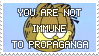 stamp of garfield with text reading 'you are not immune to propaganda'
